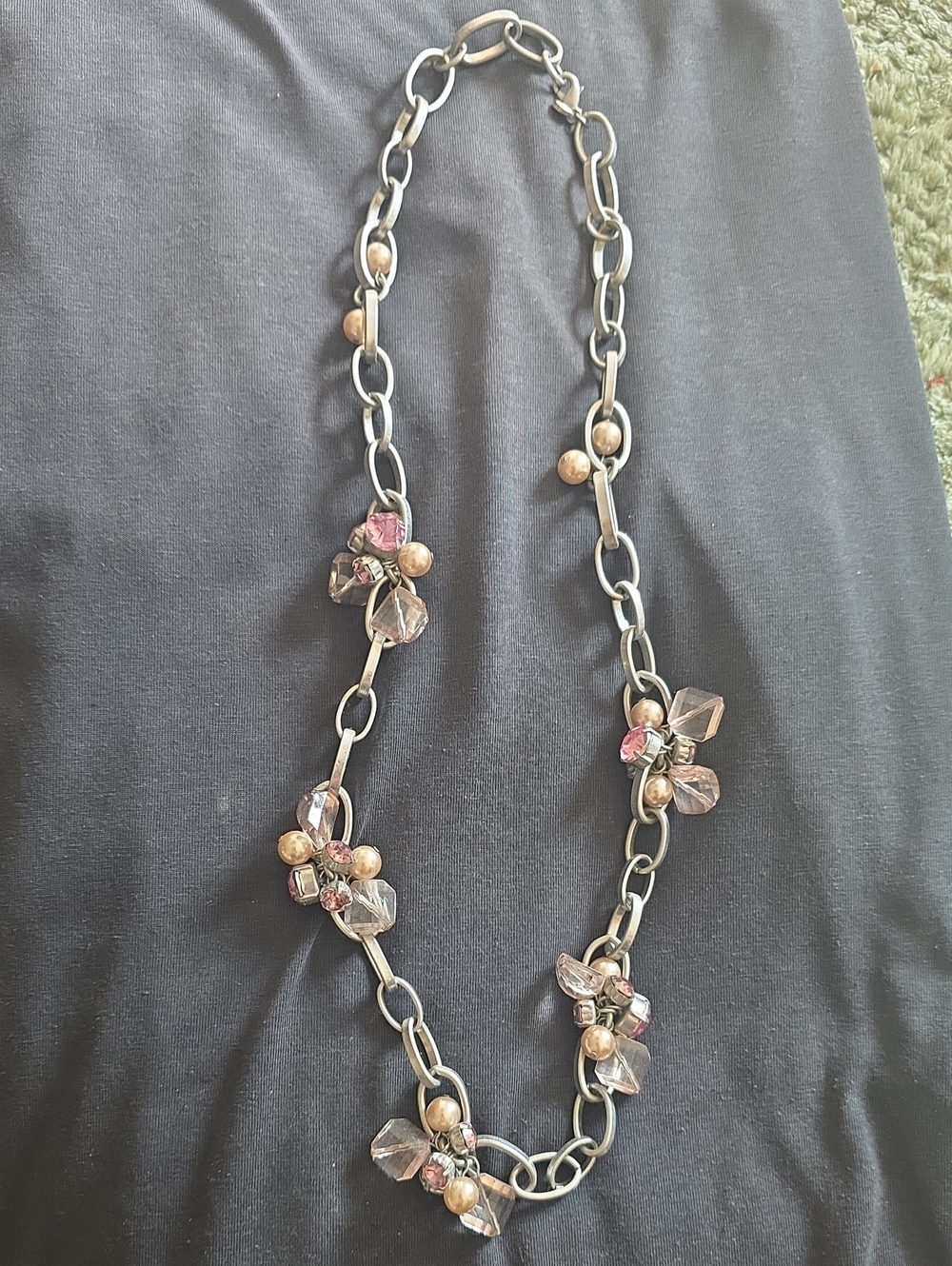 LOFT Silver-Tone Chain Necklace with Pink and Gold Bead Clusters